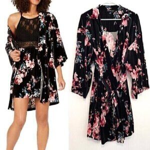 INC INTERNATIONAL CONCEPTS Printed Velvet Wrap Robe Black Pink Floral Velour XL